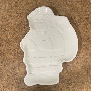 Bloomingdales white Christmas platter. Santa (bear)with sack of presents.